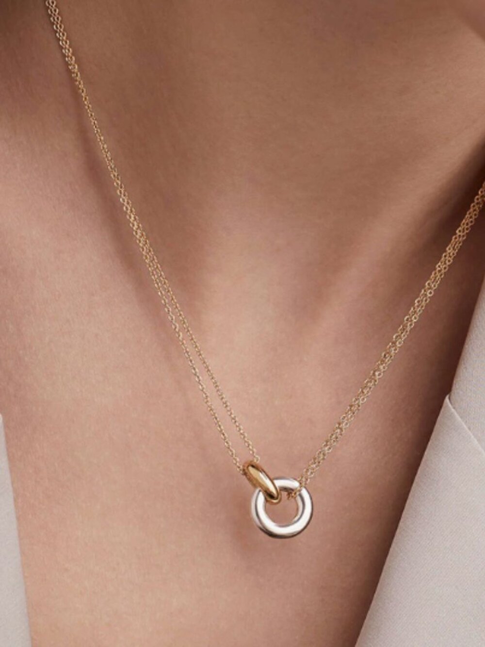 Minimalist Dual Chain Two‑Color Circle Pendant Necklace